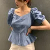 Women's Blouses Vintage Elegant Shoulder Boat Neck Design Blouse Waist Ruffled Short Bpuff Sleeve Shirt 2023 Summer Korean Chic Top Woman