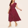 Plus Size Dresse's V-Ausschnitt, lässiges Boho-Kleid, Größe Polkadot, geknöpft, Schnürung, Taille, Midi, Damenbekleidung 230519