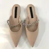 Pantoufles Designer bout pointu miroir argent cuir femmes cristal bande chaussures d'été en plein air diapositives talon bas Mules Sandalias