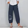 Pantaloni da donna in lino di cotone stampato vintage da donna Lady Casual fiori stampa elastico in vita gamba larga pantaloni estivi di grandi dimensioni Cargo