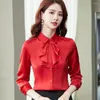 Bloups feminina Mulheres vermelhas camisa formal 2023 Na moda feminina coreana chiffon manga comprida gravata borbole