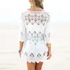 Dresses 2022 Summer Women Beach Mini White Dress Elegant Half Sleeve O Neck Lace Floral Crochet Hollow Out Solid Beach Dress Vestidos