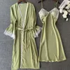 Damen-Nachtwäsche, 2-teiliger Robe-Anzug mit Chemise-Nachthemd, Damen-Satin-Kimono-Badekleid, Sommer-Bademantel mit V-Ausschnitt und Riemen-Nachthemd-Set