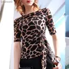 T-shirt da donna T-shirt a maniche corte da donna 2022 estate nuova camicia europea sexy con stampa leopardata cinghie vita elastica aderente Y2k Top (S-3XL) L230519