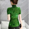 Kvinnors T-shirt #5605 Black Green See Through T Shirt Floral Sexig Mesh T-shirt Female Turtleneck Casual Tee Shirt Femme Fashion Tight S-3XLL230519