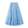 Rokken hoge taille lange zoete mesh max max geplooide rok vrouwelijke zware industrie houten oor stiksel grote swing puffy tulle rok vrouwen 230519