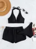 Swim Wear Fayme Cak Swimsuit Bikini Trzy kawałki Solid czarny kostium kąpielowy z wysokim talią Kobiet szorty Summer Bikini Set Beach 230518