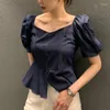 Women's Blouses Vintage Elegant Shoulder Boat Neck Design Blouse Waist Ruffled Short Bpuff Sleeve Shirt 2023 Summer Korean Chic Top Woman