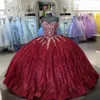 Glitter Bourgondië Quinceanera-jurken met Cape Sweetheart Beading Party Princess Lace-Up Corset Prom Vestidos de 15 Anos