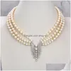 Pendanthalsband 18 3 Strängar Ctured White Round Freshwater Pearl Chokers Halsband Sier Color Plated CZ Pave for Women Drop Dh4HB