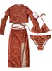 Kvinnors badkläder 4 stycken triangelbikini 2023 Kvinnor tryckt kvinnliga brasilianska baddräktkjol och långärmad topp baddräkt strandkläder