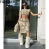 Vestido de duas peças Fagadoer Primavera Camuflagem Mulheres Streetwear Turtleneck Shorts Crop Top e Saias Skinny Casual Combinando 2 Pcs Outfits 230518