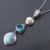 Pendanthalsband Trendiga Natural Larimar 925 Sterling Silver Antique Design Blue Topaz äkta Stone Pearl Charm för Women Gift Necklace 230519