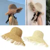 Kvinnor Summer virkning vävt halm Sun Visor Hat fransade tofsar stora breda brim UV -skydd Floppy Packable Beach Cap G220301 bra mode