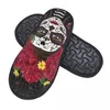 Slippers indoor Santa Muerte met pioenen Calavera Catrina Day of the Dead Warm Winter Plush Home Fluffy