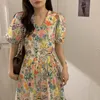Casual Dresses French Vintage V-hals blomma klänning snör