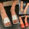Slippers Ladies Summer Fashion Solid Colour Square Head Shiny Open Toe Outside Wear Large Size Flat Sandals Sexy Heels For Women
