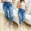 Jeans Women Solid Casual Elastic Waist Ripped Pocket Tape Skinny Denim Capris Jeans