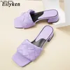 Slippers Eilyken Новая летняя мода черная фиолетовая дизайн плетения женские тапочки квадратные высокие каблуки.