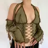 Women's Tanks & Camis Backless Halter Ribbed Tie Front Top Women Long Sleeve Fairy Grunge Lace Up T Shirts Patchwork Green Bodycon Y2K Crop