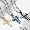 Pendant Necklaces Artistic Jewelry Wholesale Engrave Cnc Inlaid Zircon Stainless Steel Blue Layer Plaid Men Cross Necklace Drop Deli Dhzaj