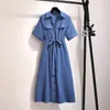 Plus size Dresses 150Kg Size Women's Summer Long Lapel Tie Dress Bust 149cm 5XL 6XL 7XL 8XL 9XL Loose Striped Shirt White blue 230518