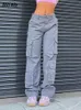 Tweedelige damesbroek Zomer Dames Vintage Grijs Cargo Hoge taille Jeans met wijde pijpen Baggy Casual Mode Meerdere zakken Mom Hip Hop Street Style 230519