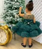 Girl Dresses Emerald Green Puffy Layered Knee Length Baby Dress Flower Infant Birthday Gown Big Bow Kid Size 1-14Years