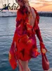 Grundläggande casual klänningar Abdieso tryck Summer Short Sexig backless Beach Party Women Outfits Ruffle Long Sleeve Bandage Mini Bodycon Dress 230518