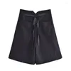 Short femme décontracté noir taille haute laçage 2023 printemps femme solide doux genou longueur pantalon dames poche jambe large