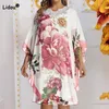 Plus size jurken lente zomer plus size kleding dames ronde hals diamanten splitsen bloemenprint vleermuismouwen losse chiffon elegante midi-jurk 230519