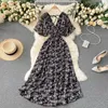 Основные повседневные платья Singreiny Women Chiffon Floral Long Dress Корейское v Neck с коротким рукавом рюшит leine Summer Bohemian Print Beach 230518