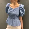 Women's Blouses Vintage Elegant Shoulder Boat Neck Design Blouse Waist Ruffled Short Bpuff Sleeve Shirt 2023 Summer Korean Chic Top Woman