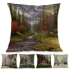 Pillow Oil Painting Style Rural Countryside Landscape Forest Village In Winter Throw Case Home Sofa Decoration Cover