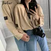 Camiseta feminina Jielur estilo coreano Moda de manga longa Mulheres harajuku bf camisetas mola de casal solto camisetas brancas top hipster roupas