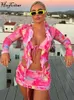 Abito a due pezzi Hugcitar Tie Dye Print Donna 2 Set Lace Up Ruffle Manica lunga Crop Top Minigonna con volant Abito coordinato Y2K Vacation 230518