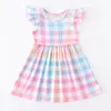 Vestidos de meninas exclusivos Girlymax Páscoa bebendedeira para crianças roupas leite coelho de seda impressão Gingham Gingham Twirl Dress Knee