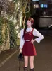 Anzüge Xgoth Girly Sweet Hot Anzug Frauen Frühling Vintage Weinrot Weste + Faltenrock + Puff Langarm Hemd dreiteilige Kawaii Sets