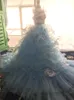 Dog Apparel Handmade Clothes Pet Dress Trailing Gown Blue Hemming Pearl Lace Butterfly Princess Tiered Skirt Tulle Poodle Maltese Yorkie