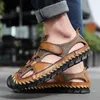 Sandals Men Brand Leather Leather Summer Summer Disual Flat Flat Roman Roman Beach Footwear Male Sneakers Low Wedges Shoes حجم كبير 38-48 230519