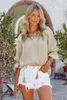 green Textured Ruffled 3/4 Sleeve Drawstring V Neck Top P3L9#