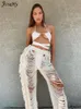 Womens Two Piece Pants Jusahy Y2k Solid Sticke Right For Women Hipster Tassel Hollow Out Highwaist Bottoms Streetwear Christmas Trousers 230519