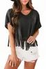 black Fringe Hem V Neck T Shirt 2023 Hot New P1Qi#