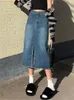 Kjolar vår sommar kvinnors denim wrap kjolar vintage front split high wasit jeans kjolar kvinnliga raka blyerts kjolar 230519