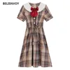 Vestidos femininos peter pan colarinho com laço vestido retro xadrez harajuku kawaii meninas estilo preppy vestido de verão ulzzang midi vestido