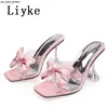 Slippers Liyke PVC Transparent Slippers For Women 2023 Fashion Pearl Butterfly-Knot Summer Sandal Clear High Heels Big Size 46 Shoes Lady J230519