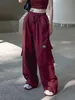 Женские штаны из двух частей Weekeep Red Baggy Cargo Drawstring Elastic High Waist Casual Pocket Korean Fashion Sweatpants Streetwear Women Sport 230519