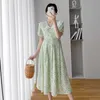 Зеленая летняя новая одежда для беременных, повседневные платья больших размеров с цветочным принтом для путешествий, платья для беременных, фотосессия с воротником-стойкой