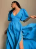 Robes décontractées basiques femmes col en V longue robe portefeuille été élégant manches courtes bouffantes ALin Lady Sexy taille haute Slim Midi Vestidos 230519