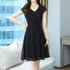 Basic Casual Dresses Polka Dot Gedrukt Chiffon Summer Jurk Vrouwen Korte mouw Bloemige Red Black Midi Jurken Ladies Vestidos Robe 230519